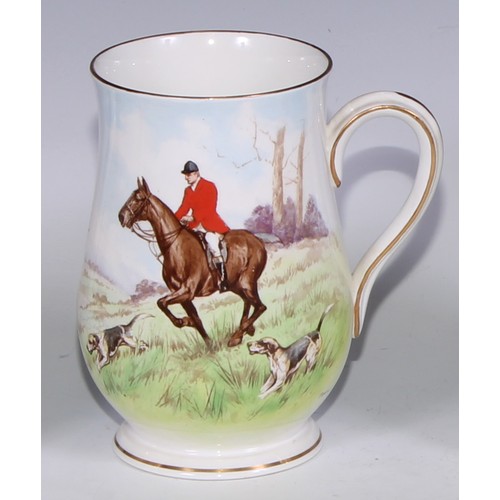 629 - A Royal Crown Derby cylindrical mug, printed and painted by F Cox, with a hunting scene, to verso wi... 