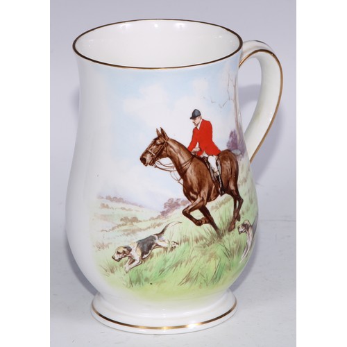 629 - A Royal Crown Derby cylindrical mug, printed and painted by F Cox, with a hunting scene, to verso wi... 