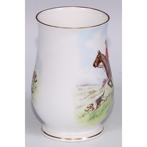 629 - A Royal Crown Derby cylindrical mug, printed and painted by F Cox, with a hunting scene, to verso wi... 