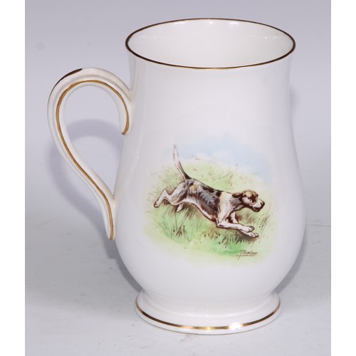 629 - A Royal Crown Derby cylindrical mug, printed and painted by F Cox, with a hunting scene, to verso wi... 