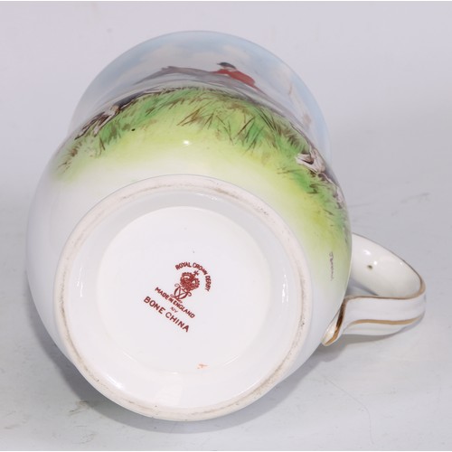 629 - A Royal Crown Derby cylindrical mug, printed and painted by F Cox, with a hunting scene, to verso wi... 