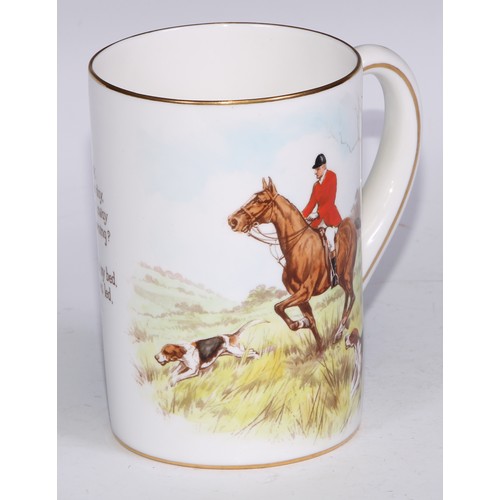 629 - A Royal Crown Derby cylindrical mug, printed and painted by F Cox, with a hunting scene, to verso wi... 