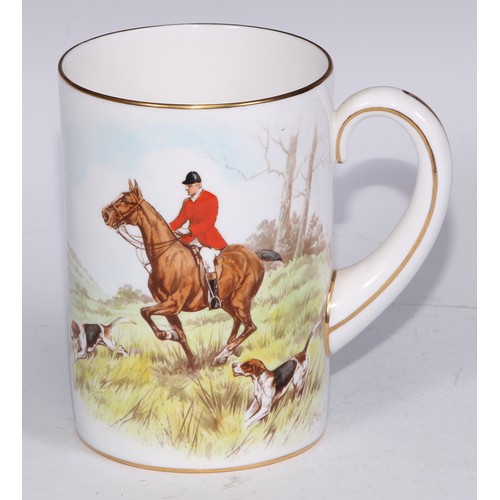 629 - A Royal Crown Derby cylindrical mug, printed and painted by F Cox, with a hunting scene, to verso wi... 