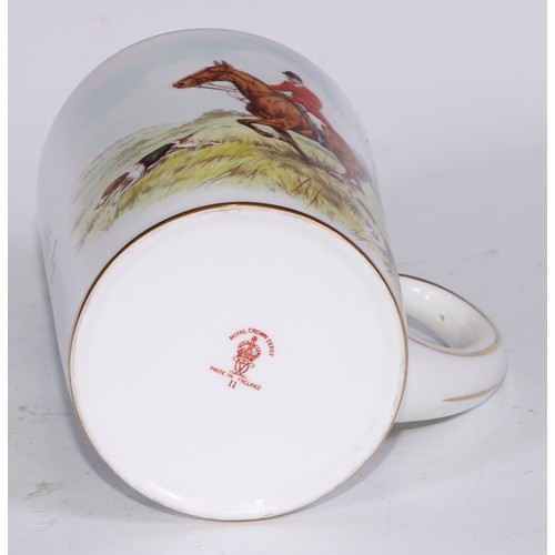 629 - A Royal Crown Derby cylindrical mug, printed and painted by F Cox, with a hunting scene, to verso wi... 