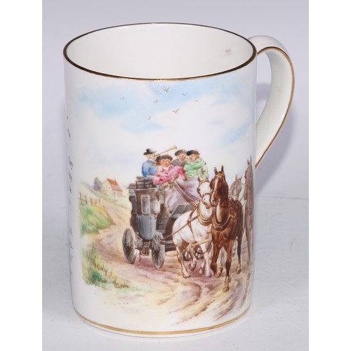 629 - A Royal Crown Derby cylindrical mug, printed and painted by F Cox, with a hunting scene, to verso wi... 