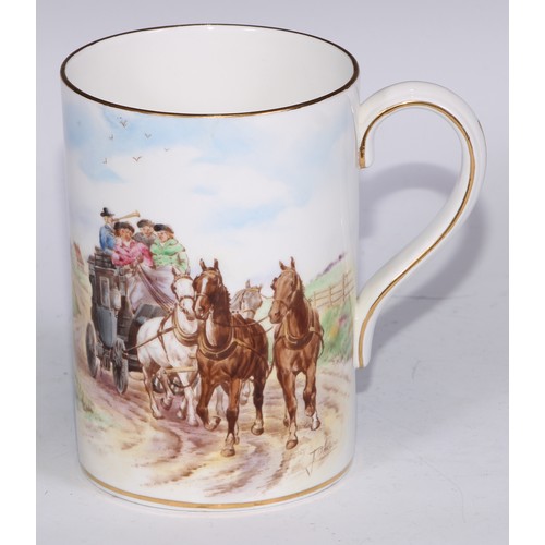 629 - A Royal Crown Derby cylindrical mug, printed and painted by F Cox, with a hunting scene, to verso wi... 