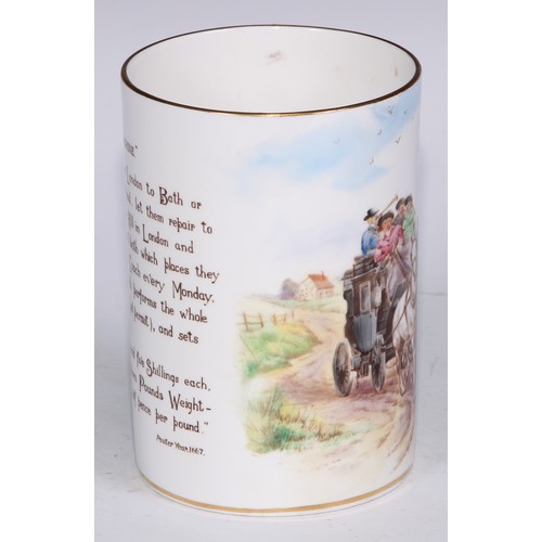 629 - A Royal Crown Derby cylindrical mug, printed and painted by F Cox, with a hunting scene, to verso wi... 