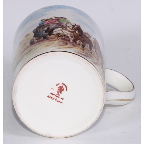 629 - A Royal Crown Derby cylindrical mug, printed and painted by F Cox, with a hunting scene, to verso wi... 