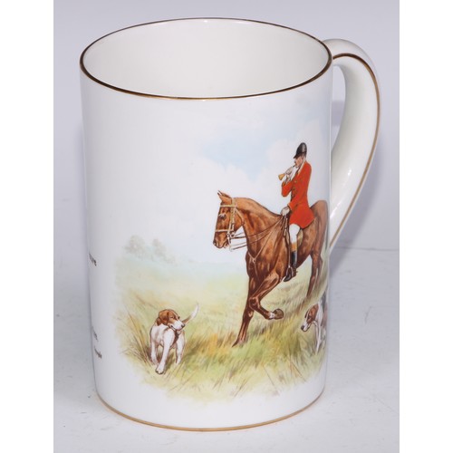 629 - A Royal Crown Derby cylindrical mug, printed and painted by F Cox, with a hunting scene, to verso wi... 