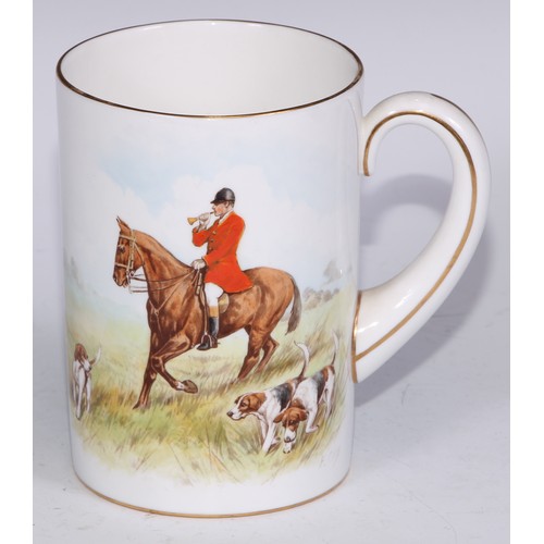 629 - A Royal Crown Derby cylindrical mug, printed and painted by F Cox, with a hunting scene, to verso wi... 