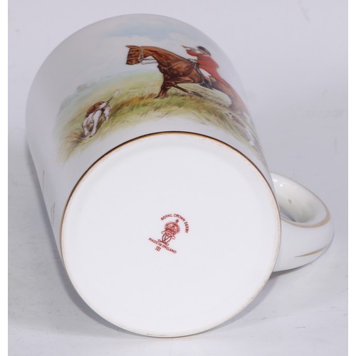 629 - A Royal Crown Derby cylindrical mug, printed and painted by F Cox, with a hunting scene, to verso wi... 