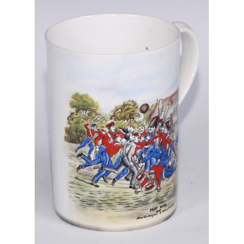 629 - A Royal Crown Derby cylindrical mug, printed and painted by F Cox, with a hunting scene, to verso wi... 