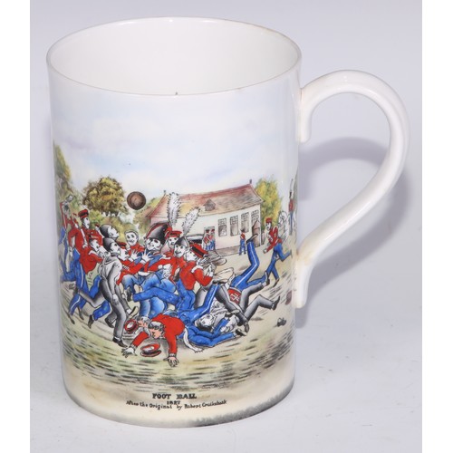 629 - A Royal Crown Derby cylindrical mug, printed and painted by F Cox, with a hunting scene, to verso wi... 