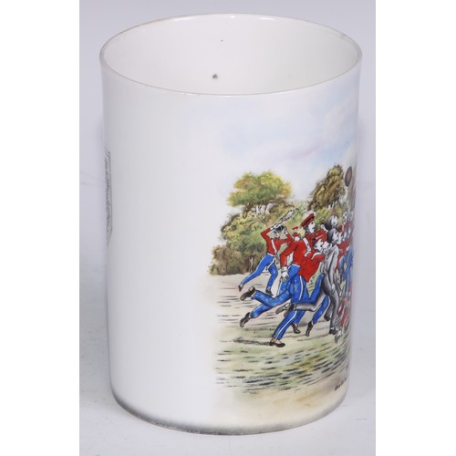 629 - A Royal Crown Derby cylindrical mug, printed and painted by F Cox, with a hunting scene, to verso wi... 