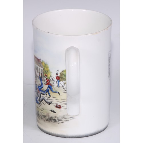 629 - A Royal Crown Derby cylindrical mug, printed and painted by F Cox, with a hunting scene, to verso wi... 