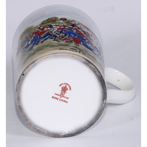 629 - A Royal Crown Derby cylindrical mug, printed and painted by F Cox, with a hunting scene, to verso wi... 