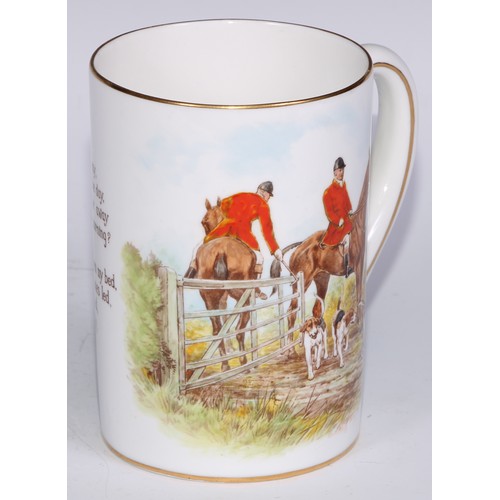 629 - A Royal Crown Derby cylindrical mug, printed and painted by F Cox, with a hunting scene, to verso wi... 