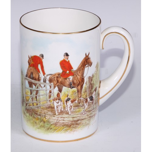 629 - A Royal Crown Derby cylindrical mug, printed and painted by F Cox, with a hunting scene, to verso wi... 