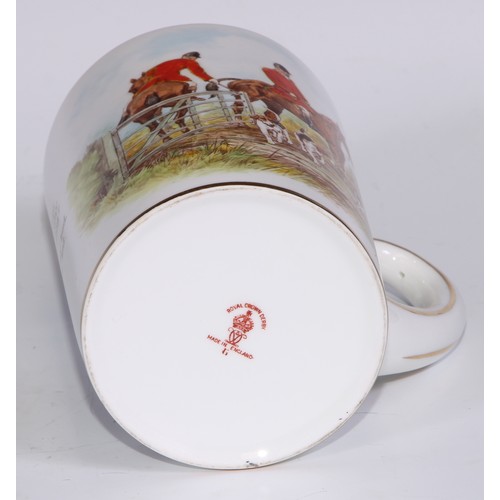 629 - A Royal Crown Derby cylindrical mug, printed and painted by F Cox, with a hunting scene, to verso wi... 