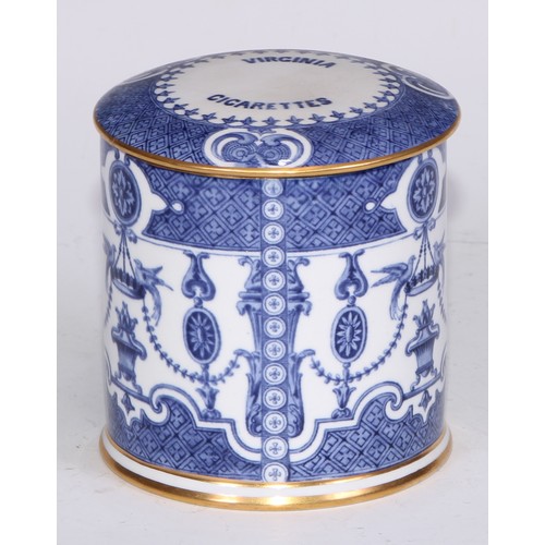 630 - A Royal Crown Derby cylindrical tobacco jar, Virginia Cigarettes, transfer printed in underglaze blu... 