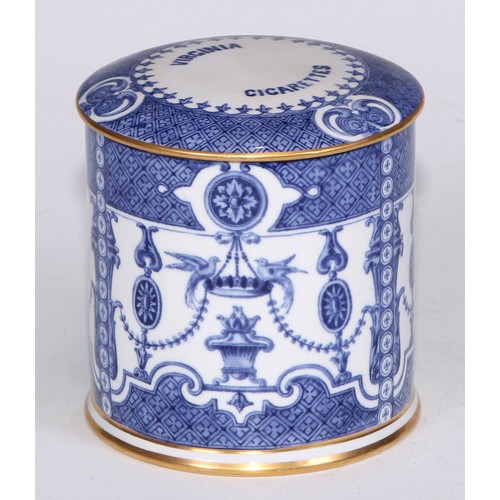 630 - A Royal Crown Derby cylindrical tobacco jar, Virginia Cigarettes, transfer printed in underglaze blu... 