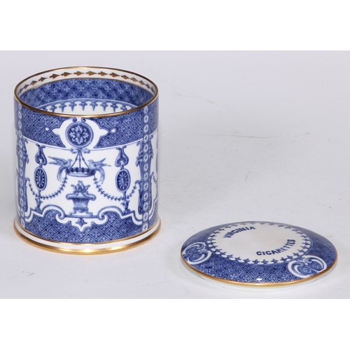 630 - A Royal Crown Derby cylindrical tobacco jar, Virginia Cigarettes, transfer printed in underglaze blu... 