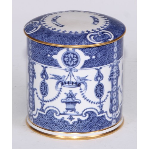 630 - A Royal Crown Derby cylindrical tobacco jar, Virginia Cigarettes, transfer printed in underglaze blu... 