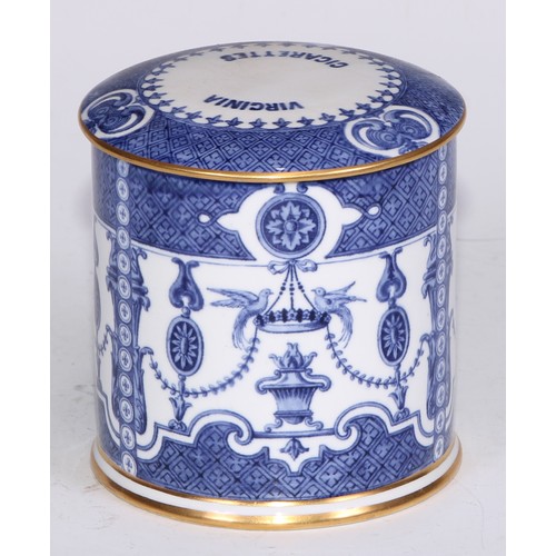 630 - A Royal Crown Derby cylindrical tobacco jar, Virginia Cigarettes, transfer printed in underglaze blu... 