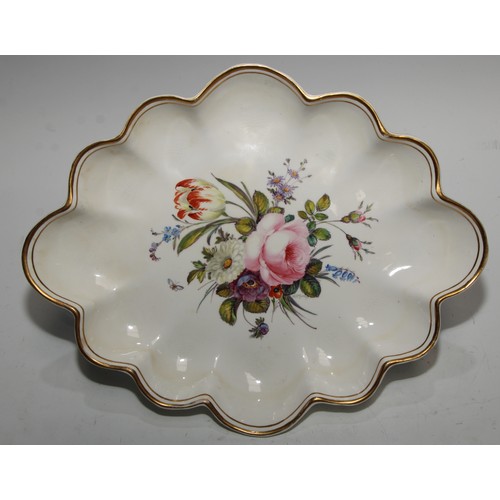 719 - A Sampson Hancock Derby shaped oval dish, painted with a spray of summer flowers, 30cm wide, monogra... 