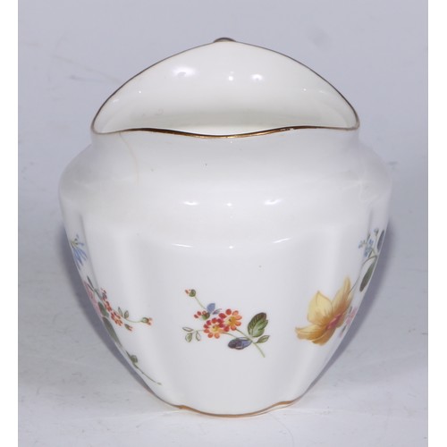 651 - A Royal Crown Derby Posies pattern flared vase, 14cm diam, printed mar; dressing table boxes; milk j... 