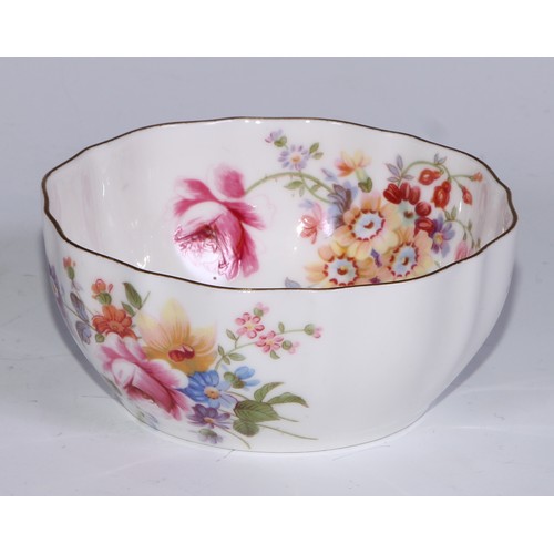 651 - A Royal Crown Derby Posies pattern flared vase, 14cm diam, printed mar; dressing table boxes; milk j... 