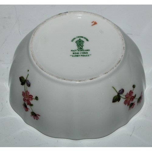 651 - A Royal Crown Derby Posies pattern flared vase, 14cm diam, printed mar; dressing table boxes; milk j... 