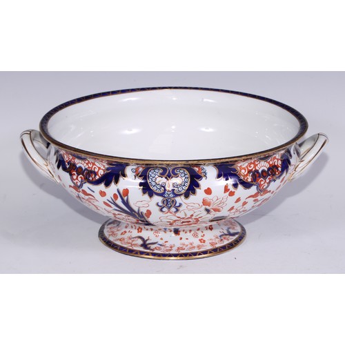 588 - A Derby Crown Porcelain 383 pattern Imari two-handled pedestal bowl, 30cm over handles, printed mark... 