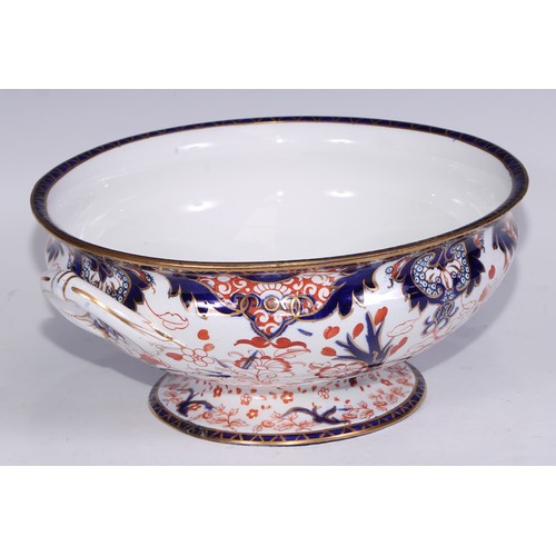 588 - A Derby Crown Porcelain 383 pattern Imari two-handled pedestal bowl, 30cm over handles, printed mark... 