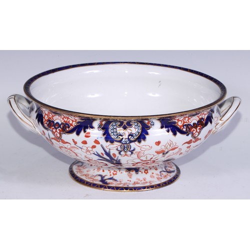 588 - A Derby Crown Porcelain 383 pattern Imari two-handled pedestal bowl, 30cm over handles, printed mark... 