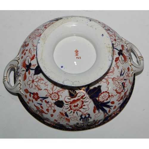 588 - A Derby Crown Porcelain 383 pattern Imari two-handled pedestal bowl, 30cm over handles, printed mark... 