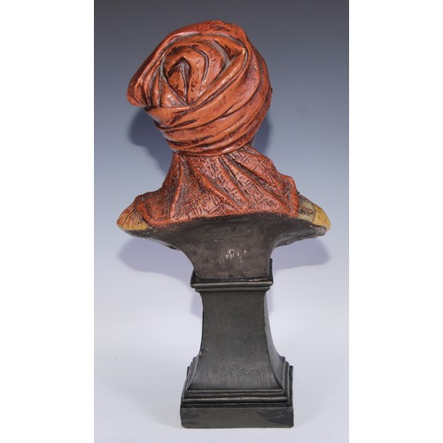 762 - A Goldscheider Art Nouveau terracotta bust, of a young girl in Eastern dress, spreading square socle... 