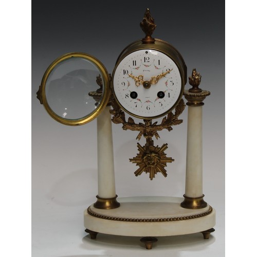 338 - A 19th century French gilt bronze and white marble mantel clock, 8.5cm convex enamel dial inscribed ... 