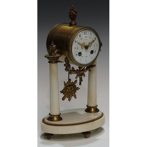 338 - A 19th century French gilt bronze and white marble mantel clock, 8.5cm convex enamel dial inscribed ... 