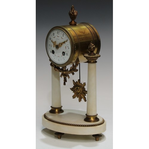 338 - A 19th century French gilt bronze and white marble mantel clock, 8.5cm convex enamel dial inscribed ... 