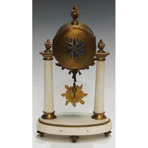 338 - A 19th century French gilt bronze and white marble mantel clock, 8.5cm convex enamel dial inscribed ... 