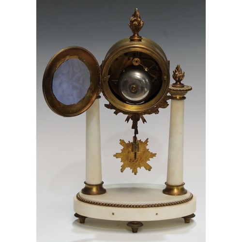 338 - A 19th century French gilt bronze and white marble mantel clock, 8.5cm convex enamel dial inscribed ... 