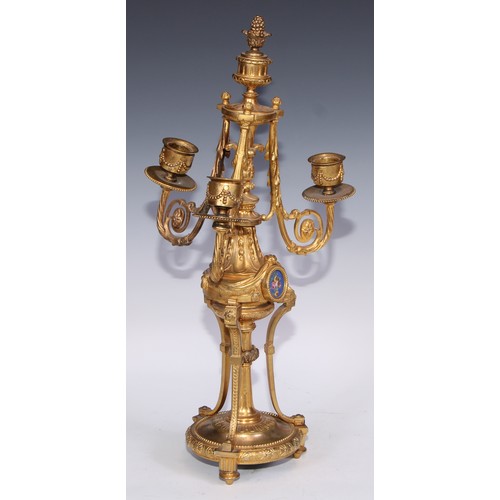 390 - A pair of 19th century French porcelain mounted gilt metal three-light candelabra, in the Louis XVI ... 