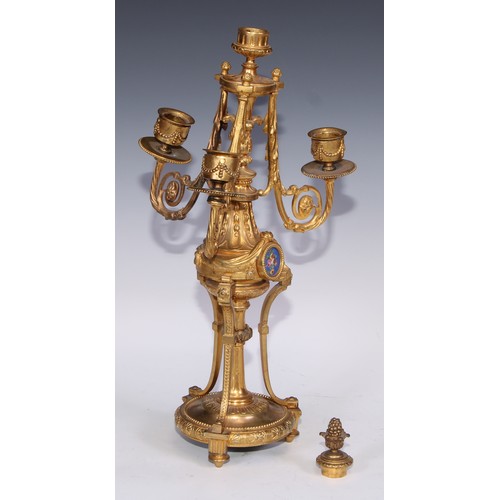 390 - A pair of 19th century French porcelain mounted gilt metal three-light candelabra, in the Louis XVI ... 