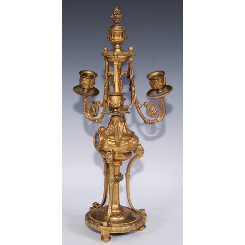 390 - A pair of 19th century French porcelain mounted gilt metal three-light candelabra, in the Louis XVI ... 