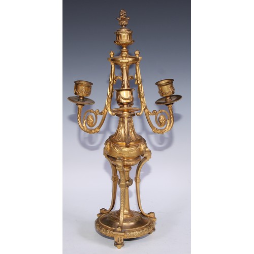 390 - A pair of 19th century French porcelain mounted gilt metal three-light candelabra, in the Louis XVI ... 