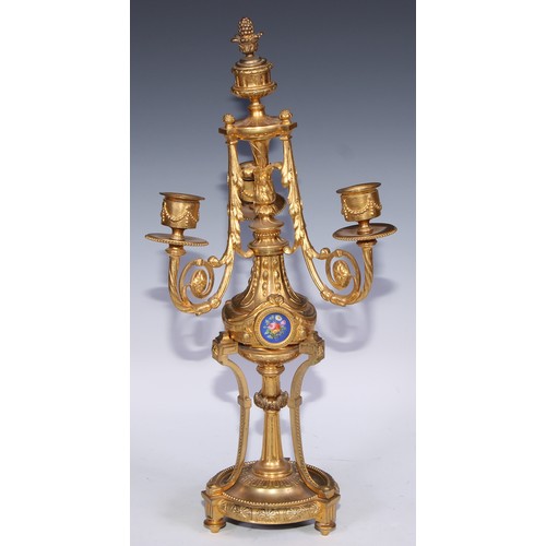 390 - A pair of 19th century French porcelain mounted gilt metal three-light candelabra, in the Louis XVI ... 