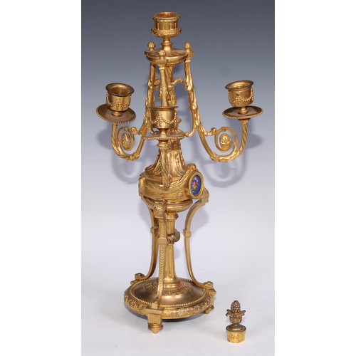 390 - A pair of 19th century French porcelain mounted gilt metal three-light candelabra, in the Louis XVI ... 