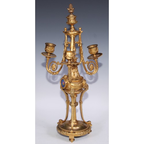 390 - A pair of 19th century French porcelain mounted gilt metal three-light candelabra, in the Louis XVI ... 