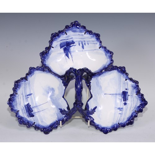 655 - A Royal Crown Derby trefoil hors d'oeuvres dish, painted in the manner of W E J Dean in tones of blu... 